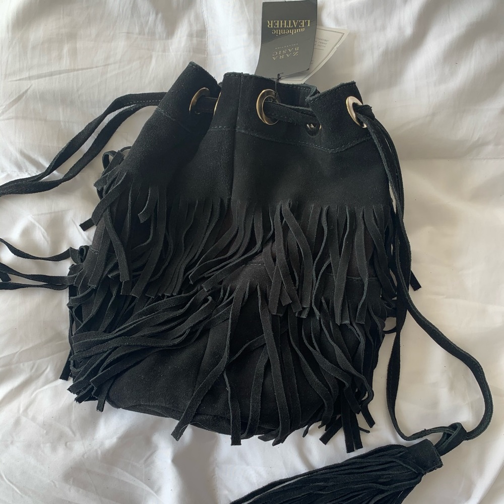 New! Zara fringe black drawstring bag